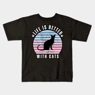 Life is better with cats pink retro sunset background Kids T-Shirt